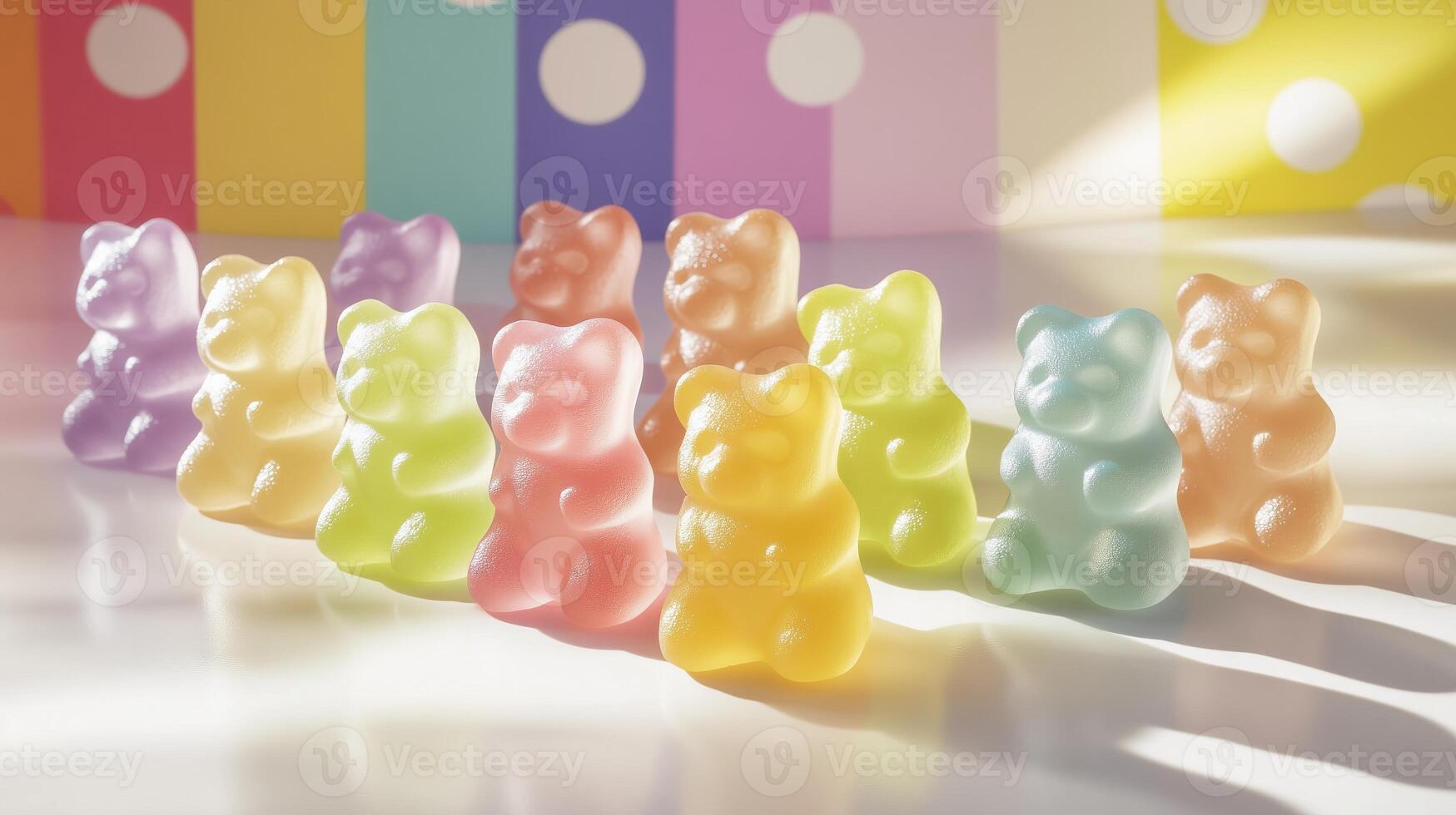 Colorful gummy bears sitting on white surface with rainbow background photo