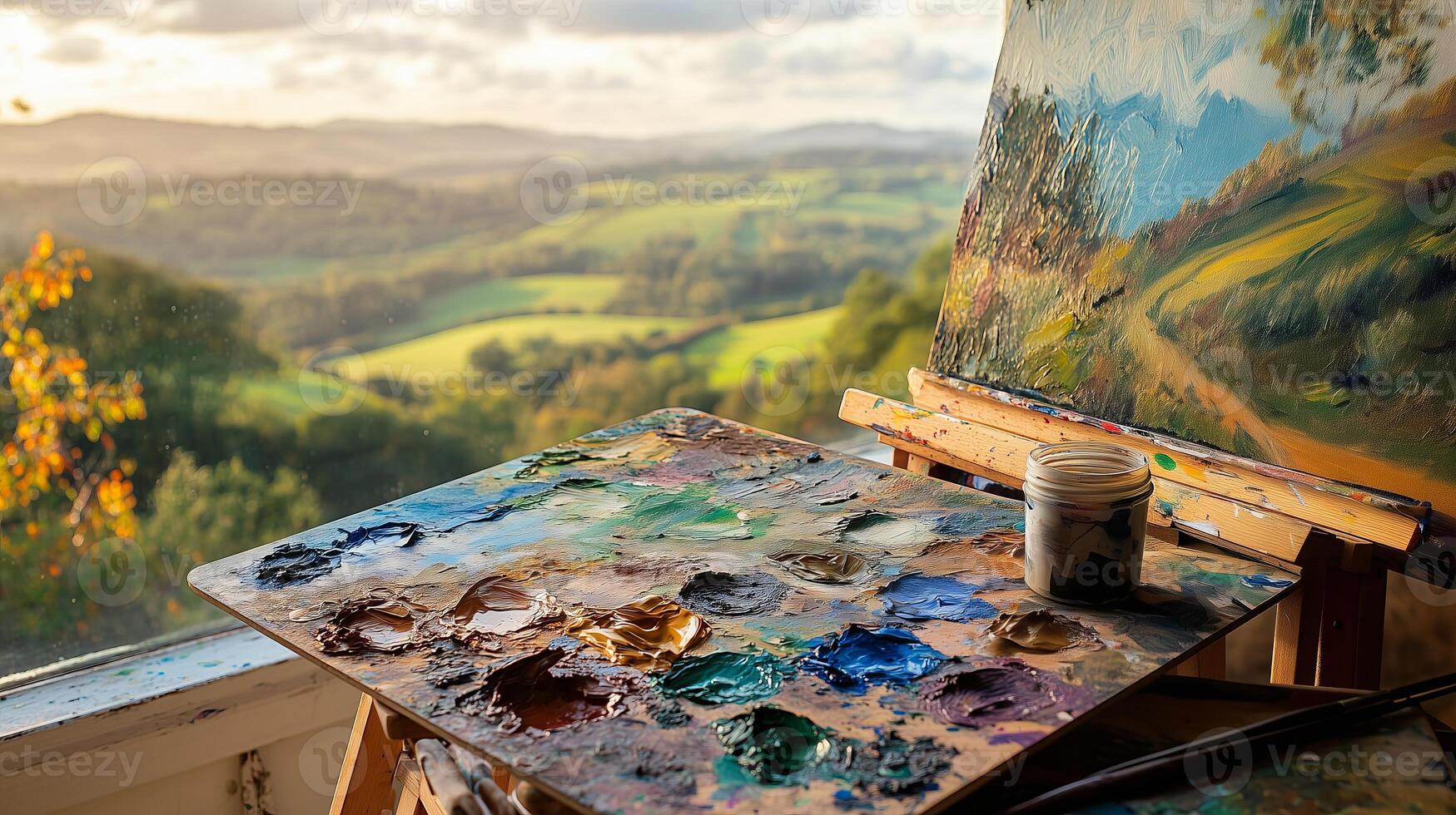 Painting en plein air, palette, easel, and canvas overlooking a picturesque valley photo