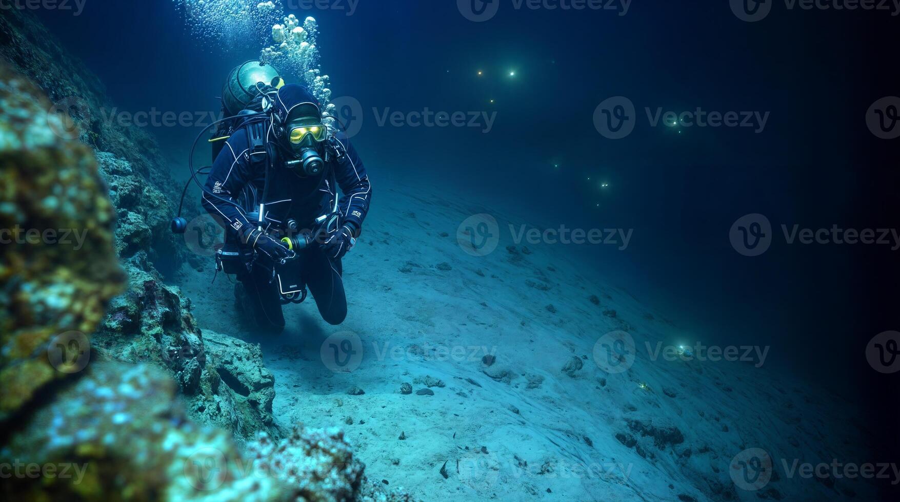 Professional diver exploring the depths of the ocean floor photo