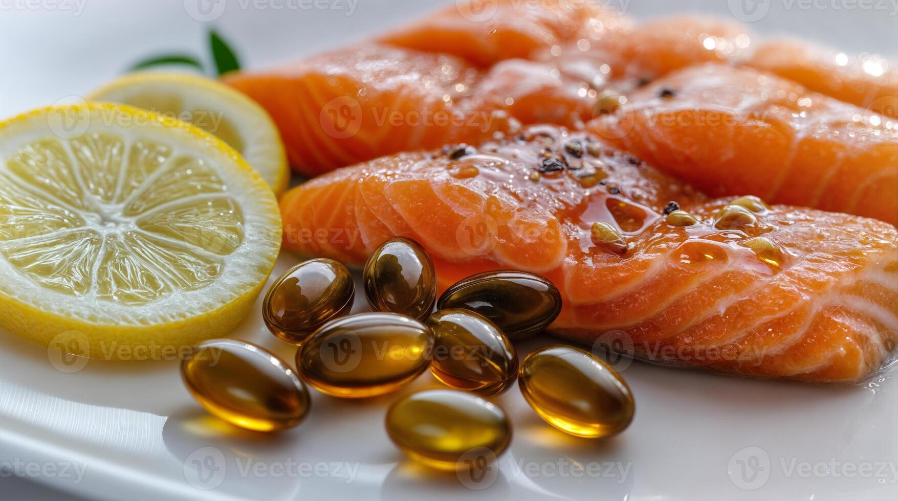 Fish oil capsules and salmon with lemon, healthy eating and dietary supplement photo