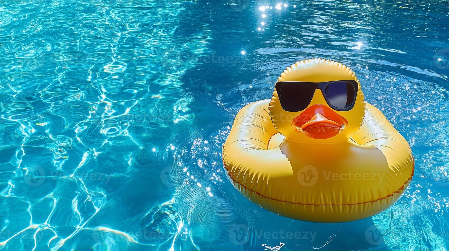 Inflatable yellow duck wearing sunglasses floating in swimming pool photo