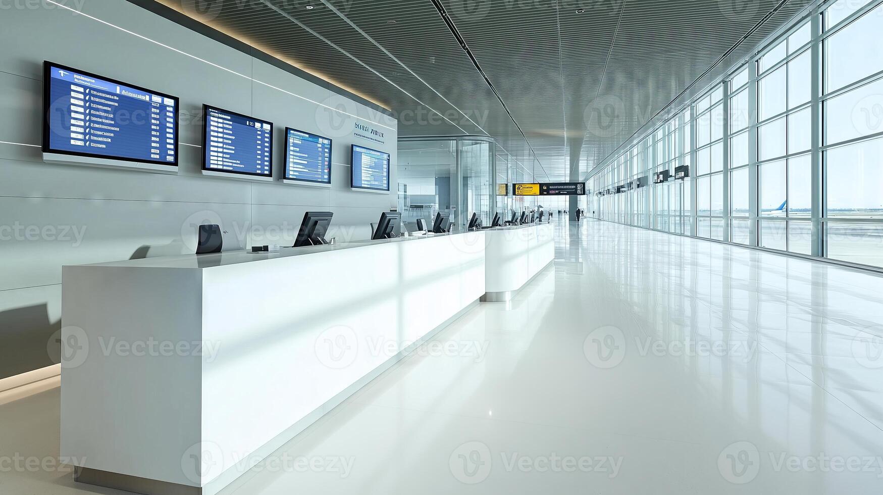 Empty check in counters and flight information displays in modern airport terminal photo