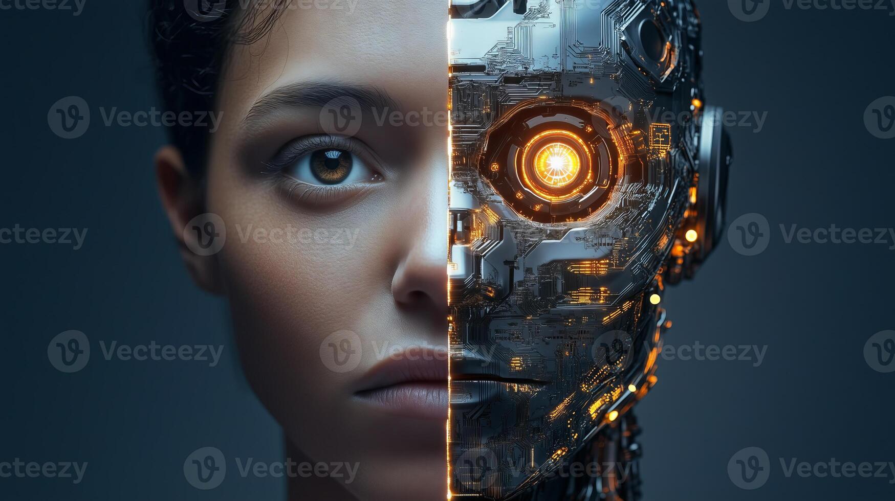 Woman merging with artificial intelligence, half human, half robot photo