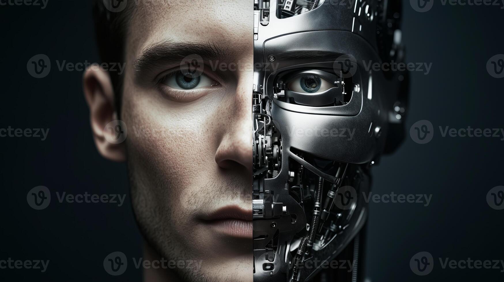 Man merging with artificial intelligence, half human, half robot face photo