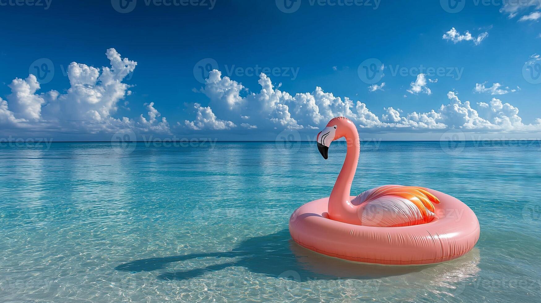 Pink flamingo inflatable floating on calm turquoise ocean under cloudy sky photo