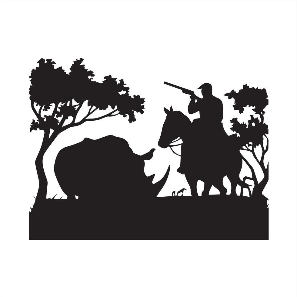 a man hunting rhinoceros in wild nature silhouette icon design vector