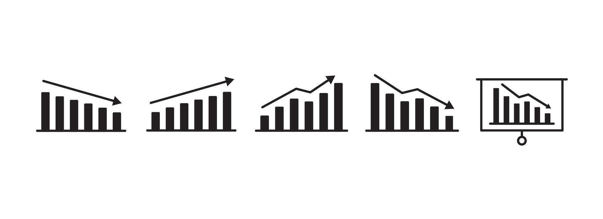 Set of growing and decreasing graph icons. Collection of growing and decreasing bar graphs. Business chart with arrows. Collection of growth and shrinkage charts. EPS 10 vector