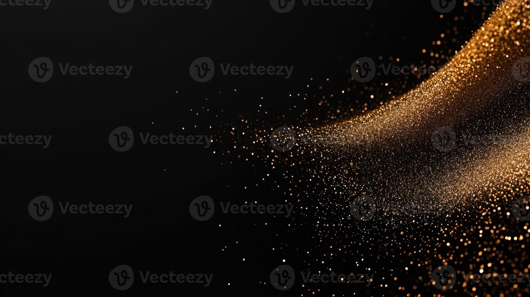 Golden abstract particles falling bokeh effect on a black background with a gradient, creating a glitter luxurious and festive atmosphere photo