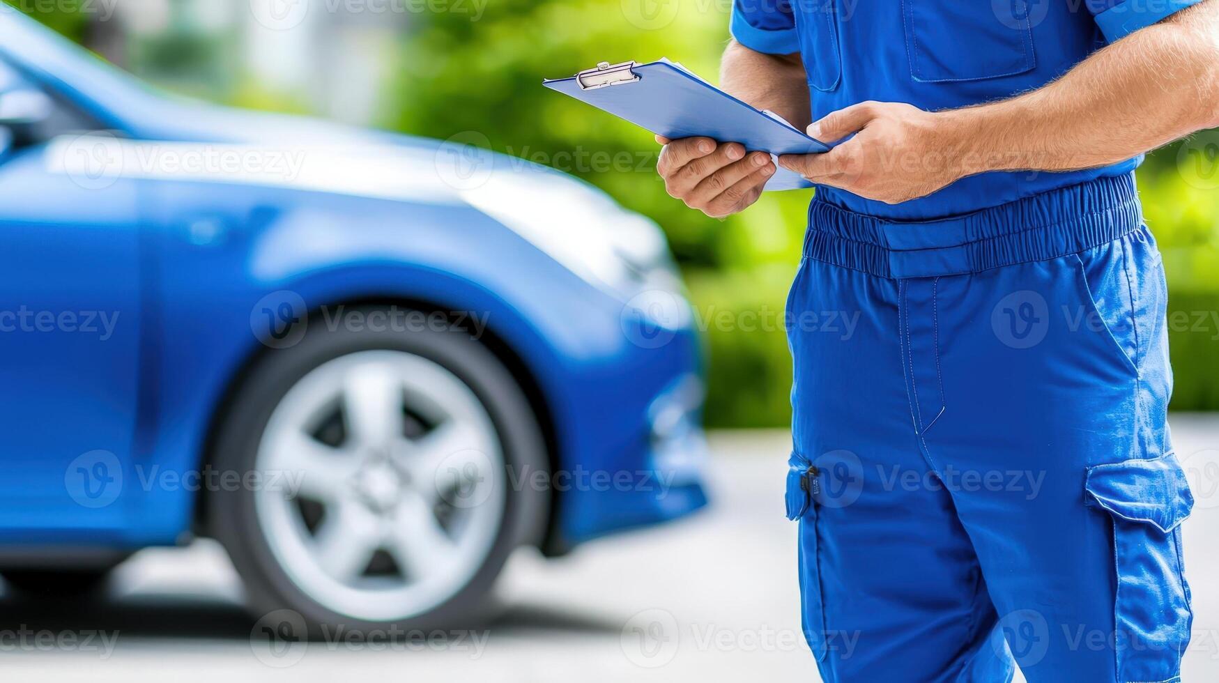 Auto mechanic writing notes clipboard while inspecting car, performing maintenance check and filling checklist photo