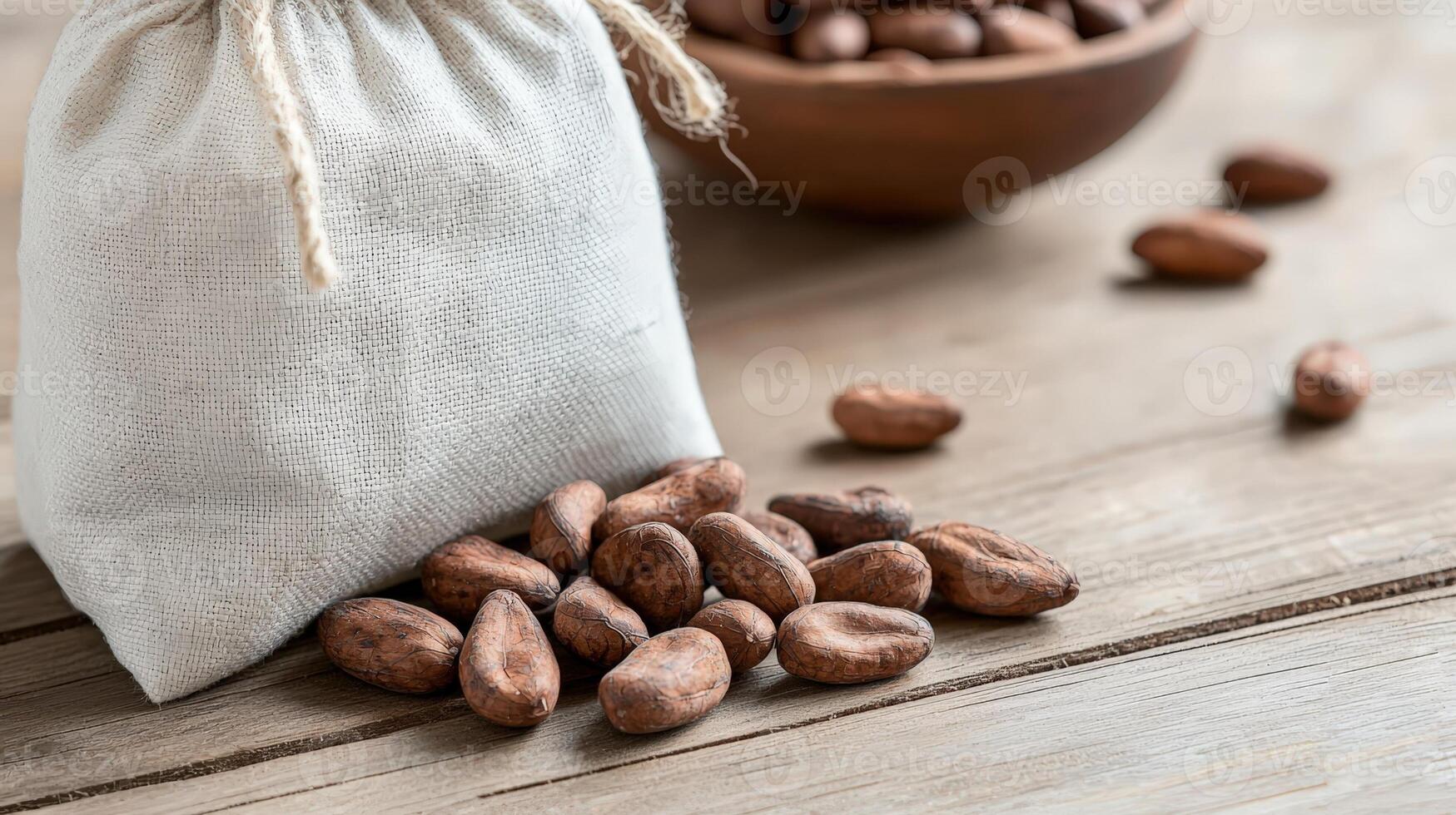 Cocoa beans filling a burlap sack and forming pile on a wooden table with a plant on the background photo