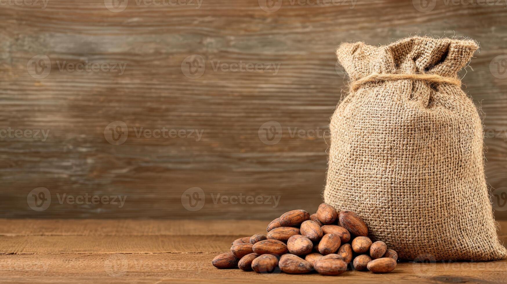 Cocoa beans filling a burlap sack and a pile on a wooden table with a plant on the background copy space for your text photo
