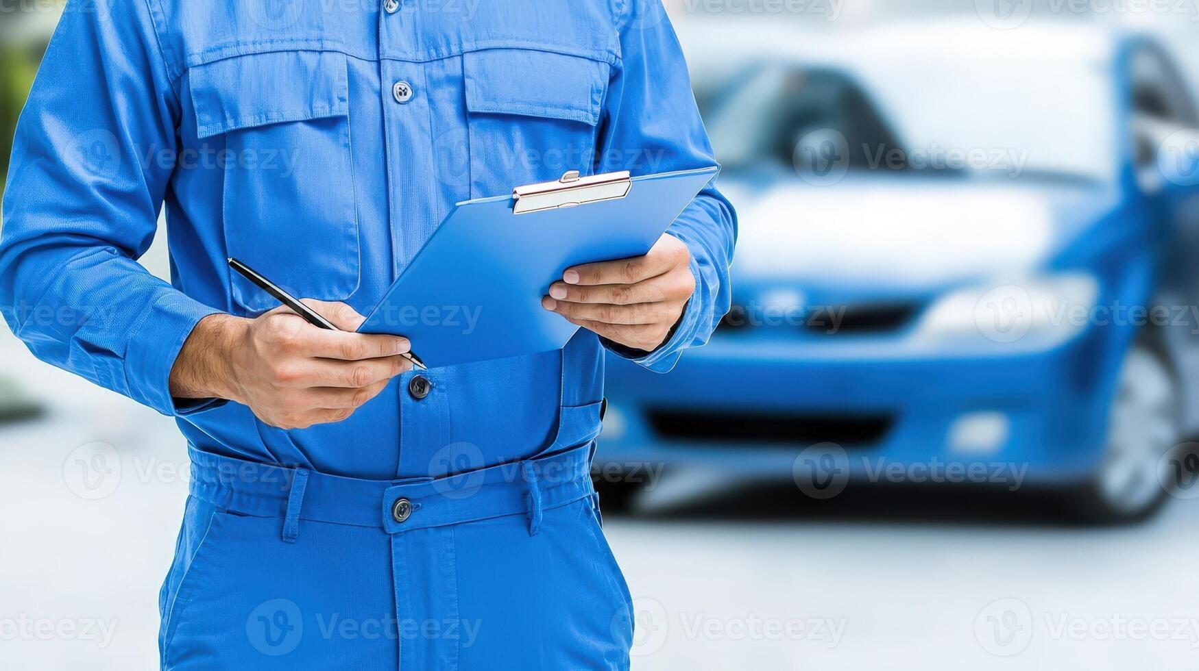 Auto mechanic writing notes on clipboard while inspecting car, maintenance check and filling checklist photo