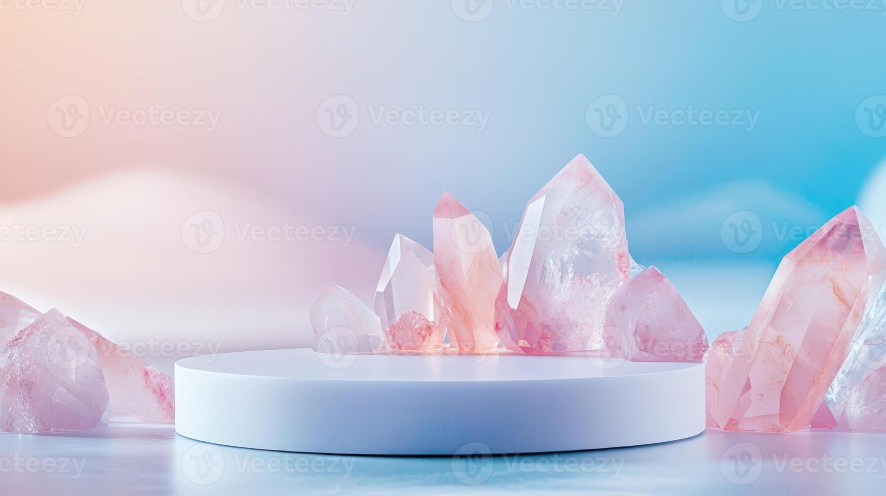 Aesthetic background, empty podium Mockup surrounded crystals. ambient light copy space for your text photo