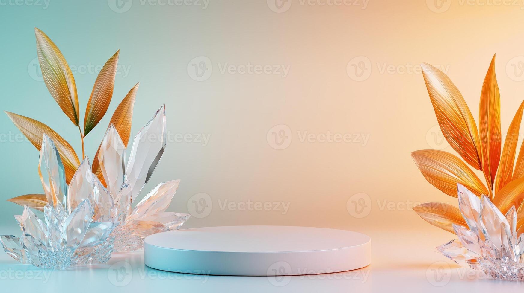 Aesthetic background, empty podium surrounded by crystals. ambient light copy space for your text photo