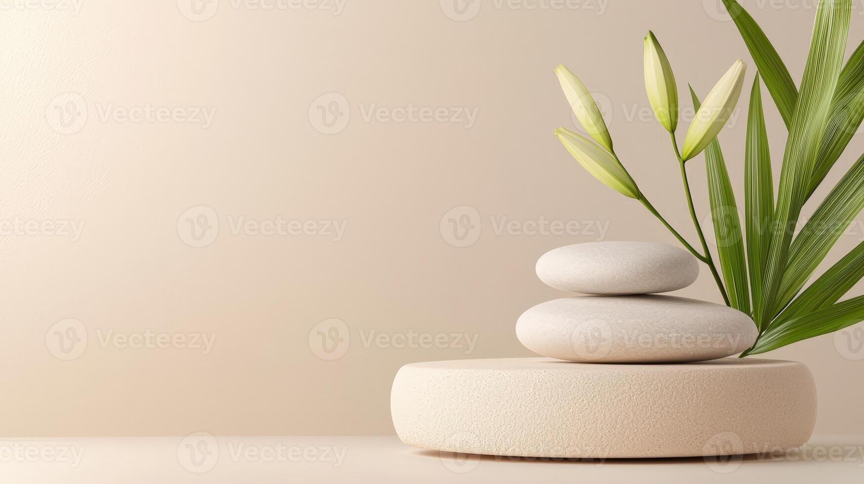 Aesthetic background, podium surrounded by spa rocks stones. ambient light natural tones, and a calm atmosphere photo