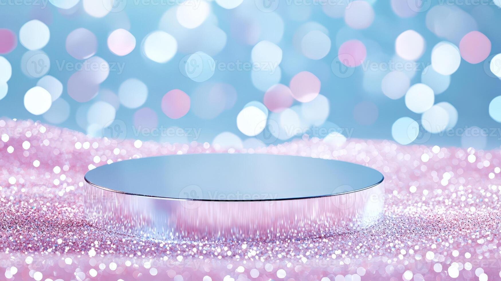 Aesthetic background, empty podium Mockup surrounded by glitter. ambient light. Bokeh background photo