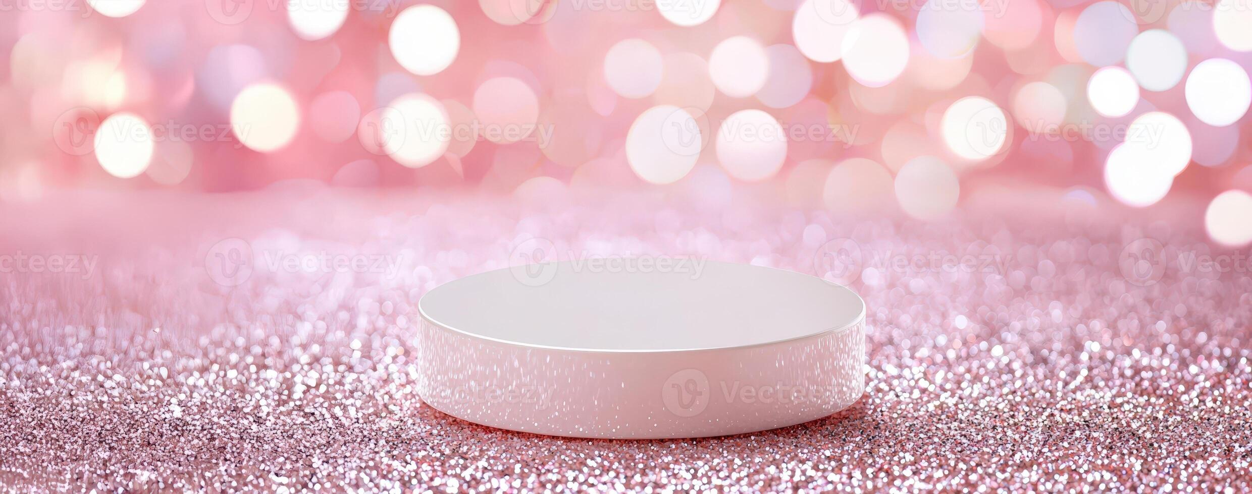 Aesthetic background, empty podium surrounded by pink glitter. ambient light. Bokeh background photo