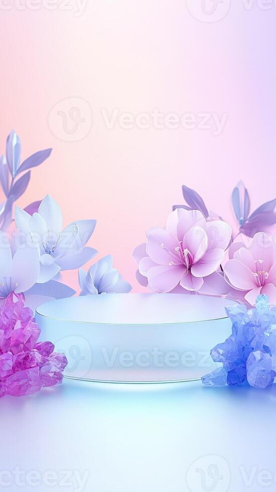 Empty podium mockup decorated with pastel pink and purple flowers and crystals on a gradient background aesthetic photo