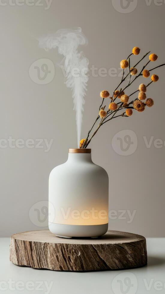 Modern essential oil diffuser releasing aromatic near blooming cherry branches, creating peaceful wellness atmosphere aromatherapy home comfort photo