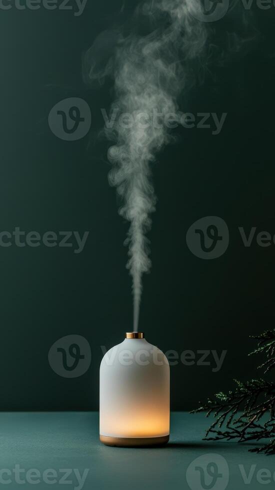 Modern essential oil diffuser aromatic mist near blooming cherry branches, creating peaceful wellness atmosphere aromatherapy home comfort photo