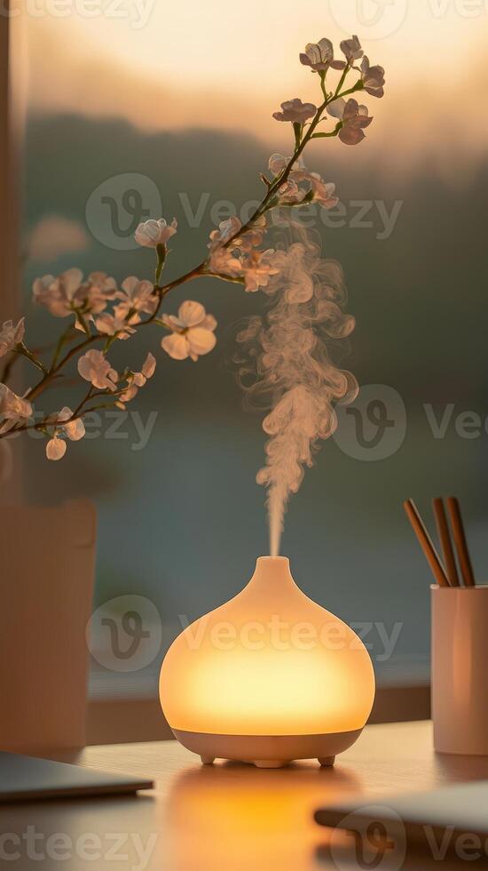 essential oil diffuser releasing aromatic mist near blooming cherry branches, wellness atmosphere aromatherapy photo