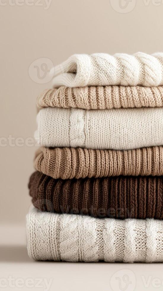 Knitted sweaters stacked neatly, conveying warmth and comfort for seasonal cold weather styling autumn background photo