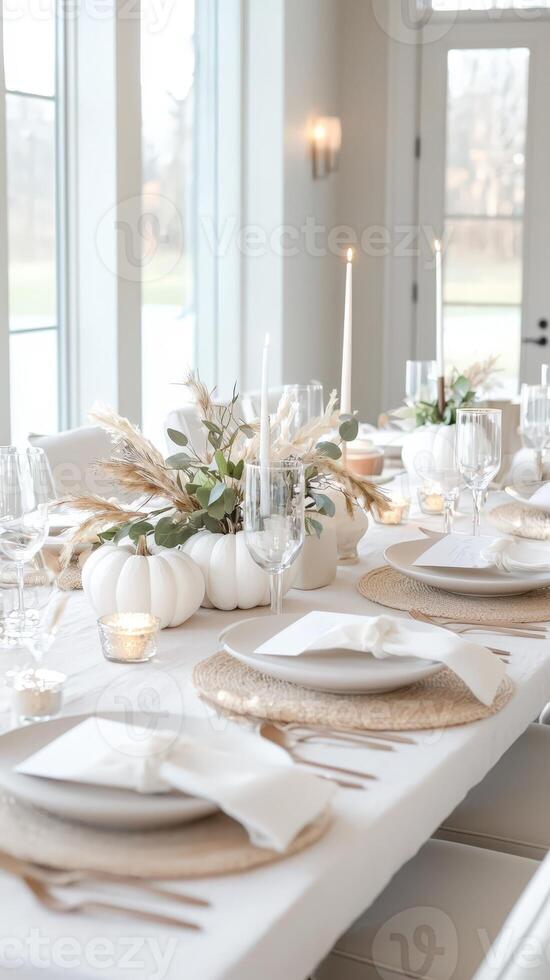 Minimalist autumn table setting with white pumpkins, candles, and eucalyptus leaves creating a cozy atmosphere photo