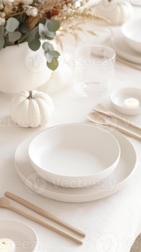 Minimalist autumn table setting with white pumpkins, candles, and eucalyptus leaves creating a cozy atmosphere fall photo
