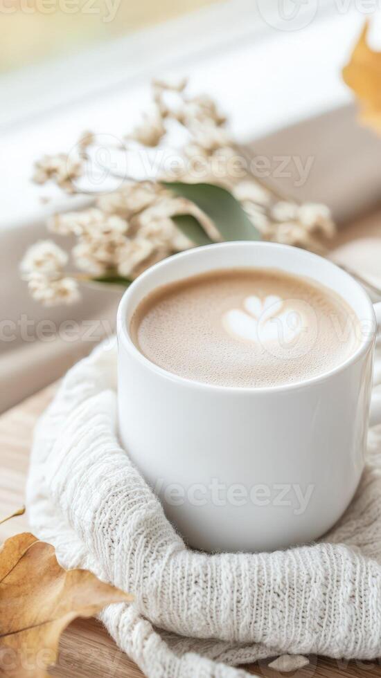 Cappuccino with delicate leaf pattern resting on knitted sweater beside scattered autumn leaves and dried florals, embodying seasonal comfort photo