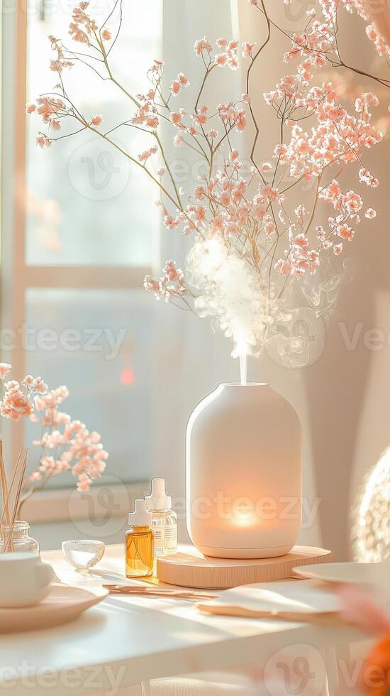 Ceramic essential oil diffuser releasing aromatic mist near blooming cherry branches, creating peaceful wellness atmosphere photo