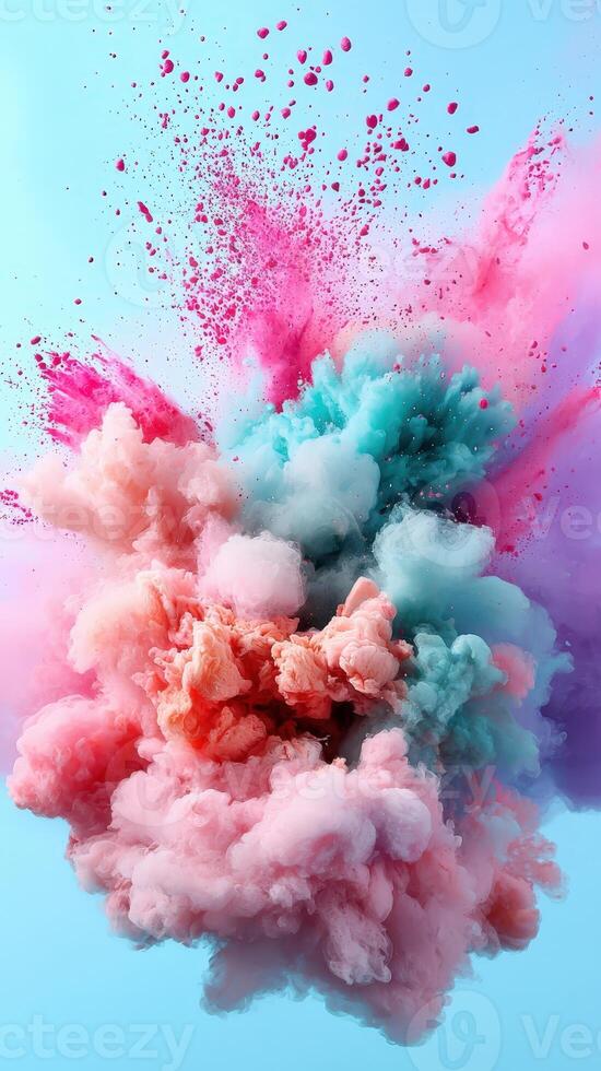 Vibrant pigment particles bursting, swirling into dynamic colorful cloud against soft blue background photo