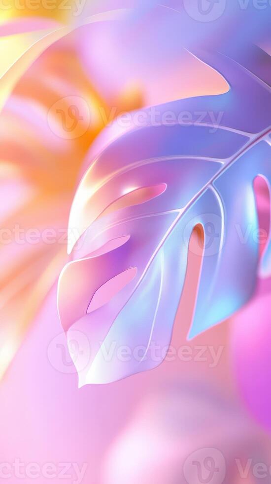 Iridescent tropical monstera plant leaves in pastel colors create a vibrant otherworldly atmosphere, perfect for background and design projects photo