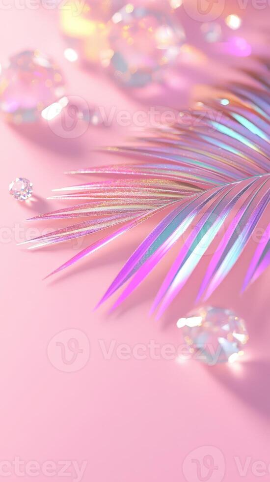 Soft pastel hues emphasizing curved palm leaf, capturing relaxed tropical summer glittering mood with minimalist design aesthetic holographic background of purple pink and blue shimmering photo