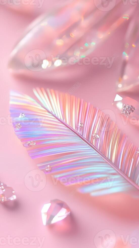 Soft pastel hues emphasizing curved palm leaf, capturing relaxed tropical summer glittering mood with minimalist design aesthetic holographic background pink and blue shimmering photo