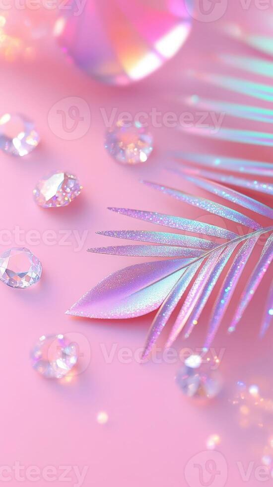 Soft pastel hues emphasizing curved palm leaf, capturing relaxed tropical summer glittering mood with minimalist design aesthetic holographic background photo