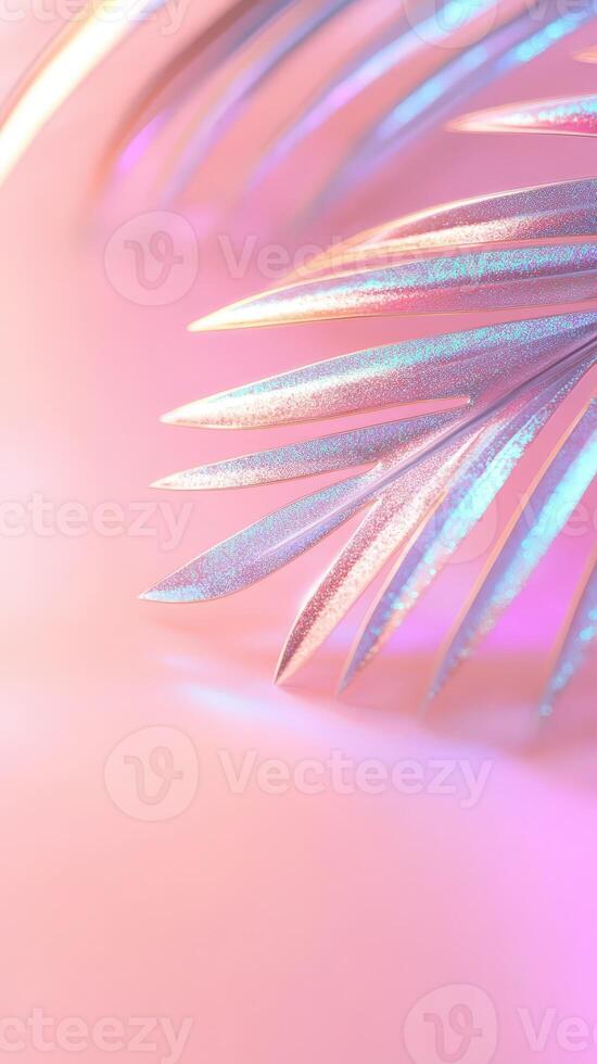 Soft pastel palm leaf, relaxed tropical summer glittering mood with minimalist design aesthetic holographic background of purple pink and blue shimmering photo