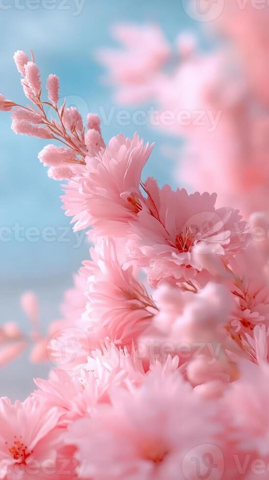 Pink checker mallow flowers blooming under the summer sun against a clear blue sky, creating a beautiful and dreamy natural scene photo