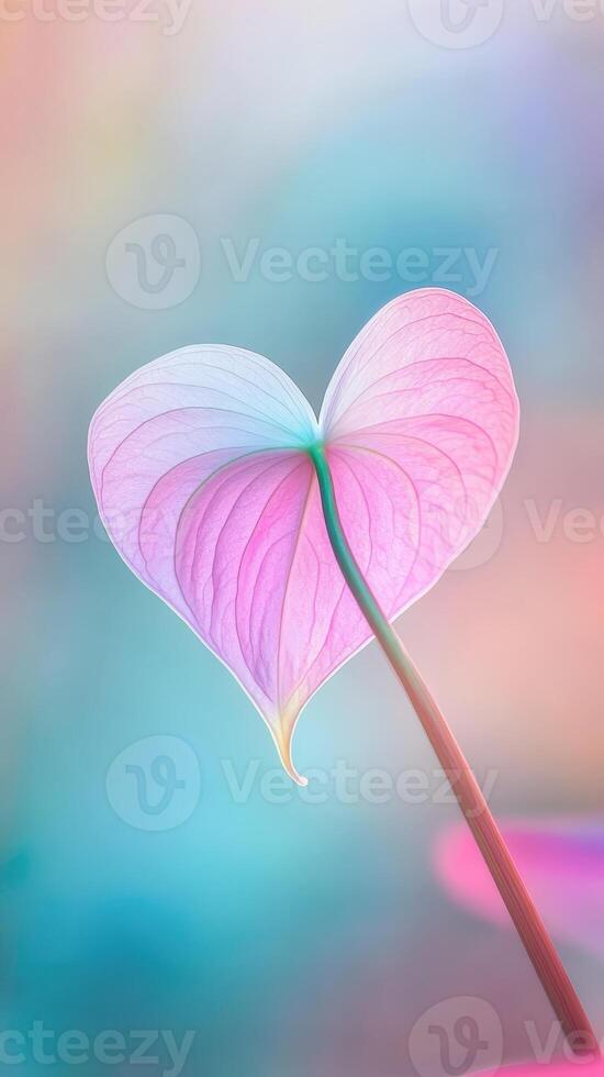 valentine Heart shaped leaf glowing pastel pink and blue, intricate veins illuminating delicate natural texture with softly blurred background photo