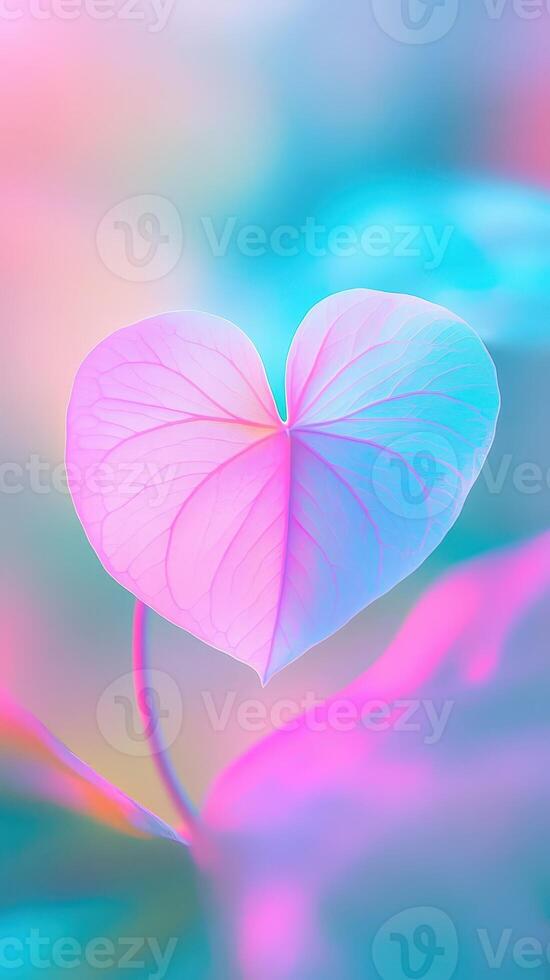 valentine Heart shaped leaf glowing pastel pink and blue, intricate veins illuminating delicate texture with softly blurred background photo