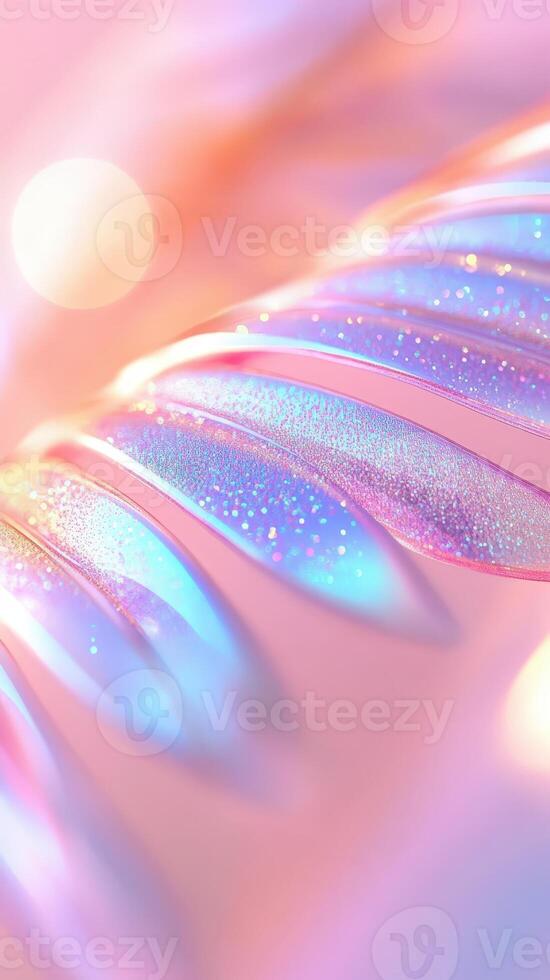 Soft pastel palm leaf, capturing tropical summer glittering mood with minimalist design aesthetic holographic background of purple pink and blue shimmering copy space photo