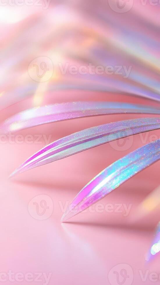 Soft pastel palm leaf, capturing relaxed tropical summer glittering mood with minimalist design aesthetic holographic background of purple pink and blue shimmering photo