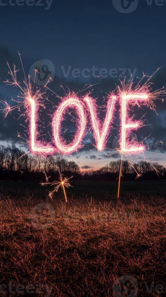 Light painting depicting the word pink love text, created using sparklers on a dark valentine background with light trails photo