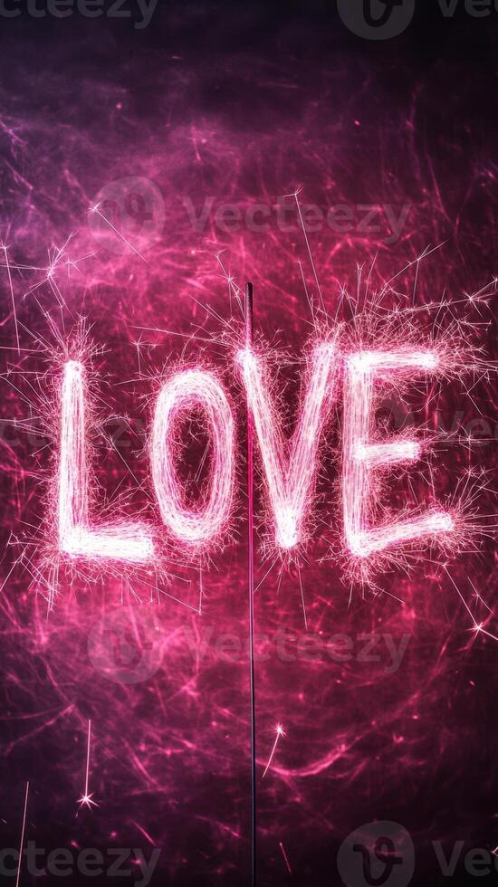Light painting depicting the word love text, created using sparklers on dark valentine background with pink light trails photo