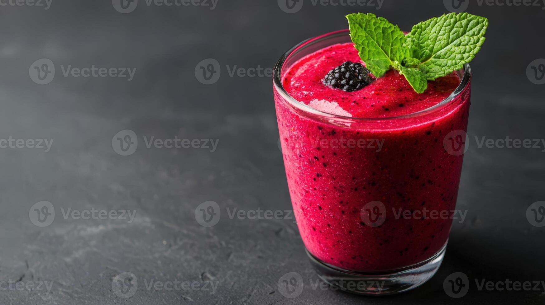 Delicious and creamy blackberry smoothie garnished with fresh mint offering a refreshing and gray background healthy eating preparation for menu, recipe and food blog copy space photo