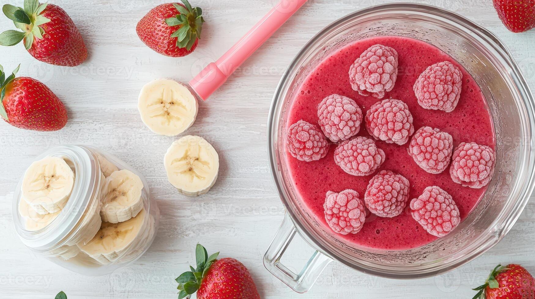 Frozen raspberries, food strawberries and banana slices on wooden table, preparing a healthy smoothie with blender and reusable straw top view photo