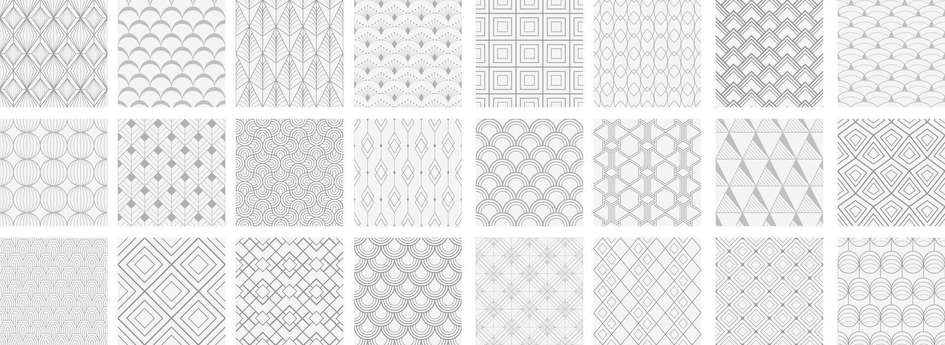 Collection of art deco seamless ornamental geometric patterns - monochrome design. Repeatable oriental grey backgrounds. Decorative elegant prints vector