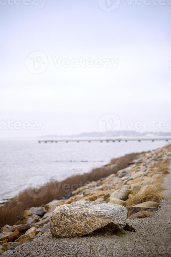A beach with pebbles and rocks in winter in Sweden 2025 photo