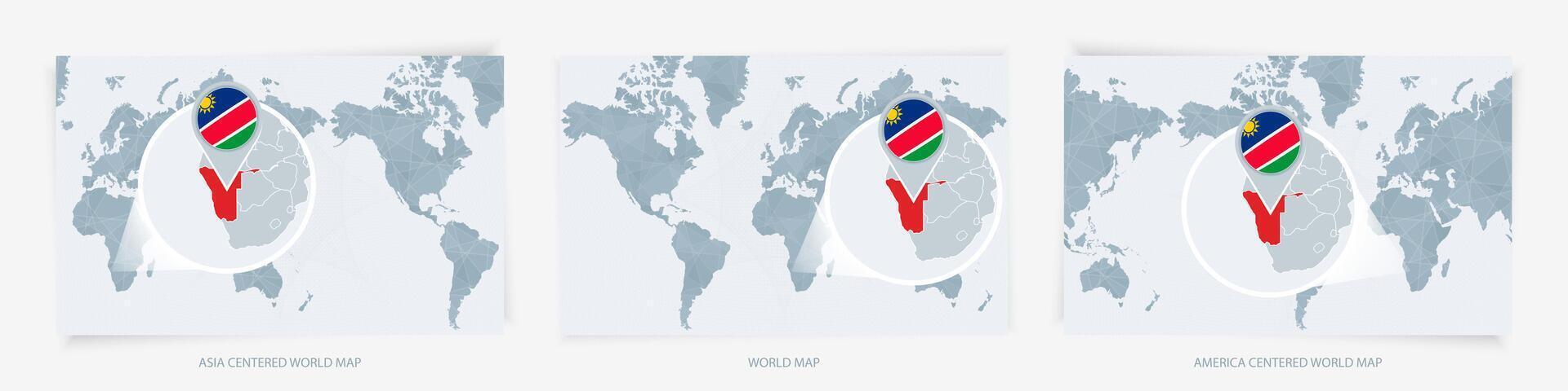 Three versions of the World Map with the enlarged map of Namibia with flag. vector