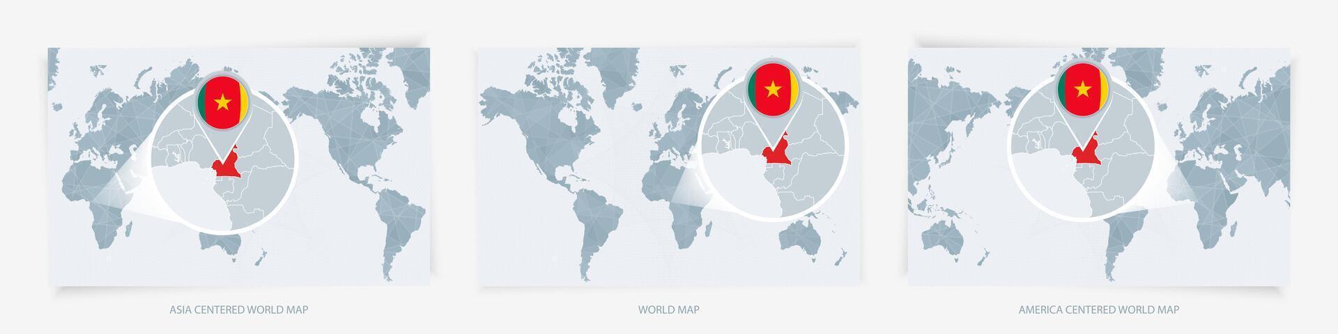 Three versions of the World Map with the enlarged map of Cameroon with flag. vector