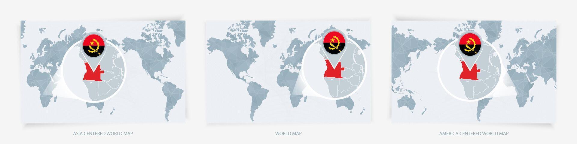 Three versions of the World Map with the enlarged map of Angola with flag. vector